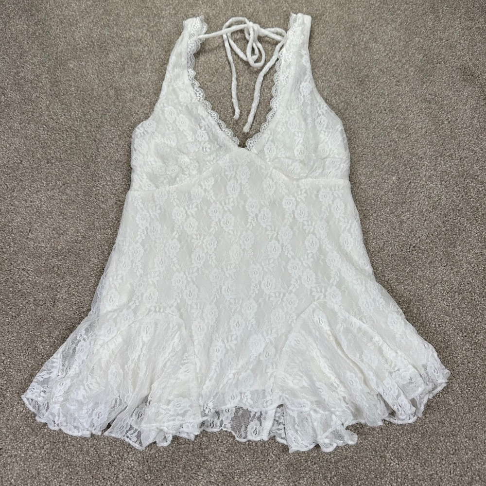 Cottagecore fairy Juniors XXS Lace Godet Tank White Halter Boho Coquette NEW